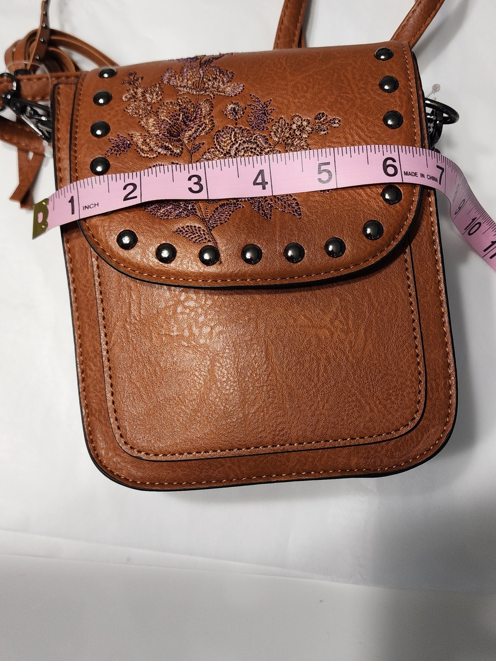 Western Embroidered Floral Tan Crossbody Bag with Stud Accents - Picture 8 of 10